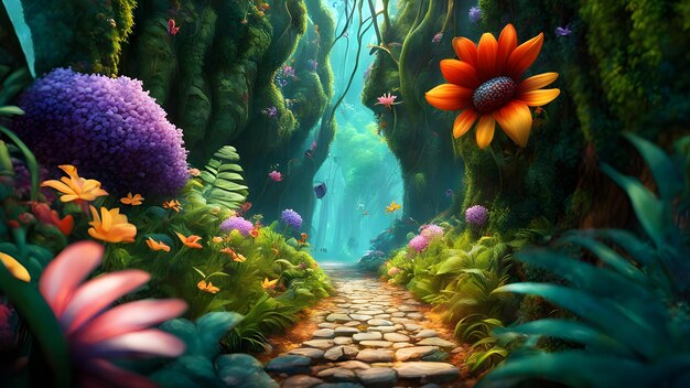 a path through the jungle with fish and corals