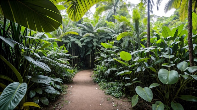 A path through the jungle with a leafy background.