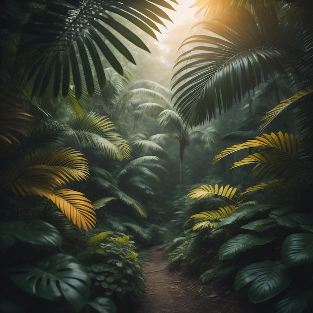 Foto un sentiero attraverso una giungla con palme e un sentiero attraverso di essa.