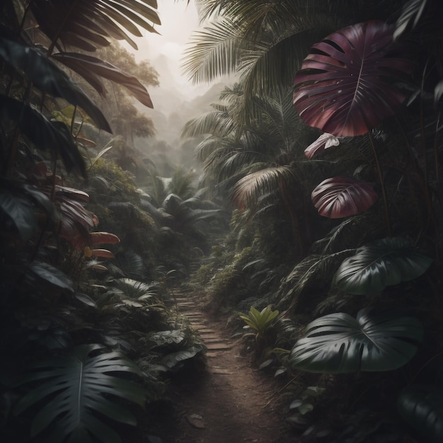 A path through a jungle with a path through it.