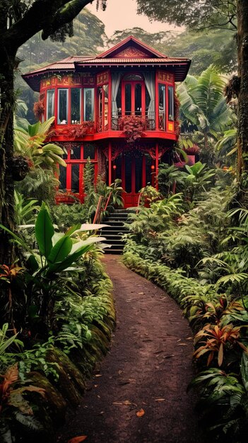 A path through the jungle with a red house on the left