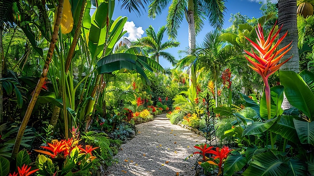 Photo a path through the jungle with tropical plants and flowers