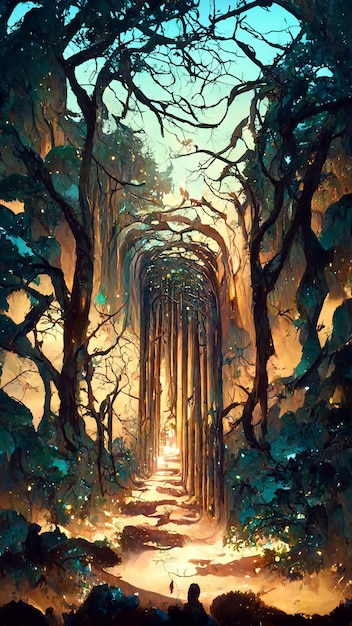 Path through magical elven woodland at night 3D illustration