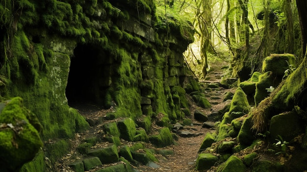 A path through a mossy forest with moss covered rocks and moss.