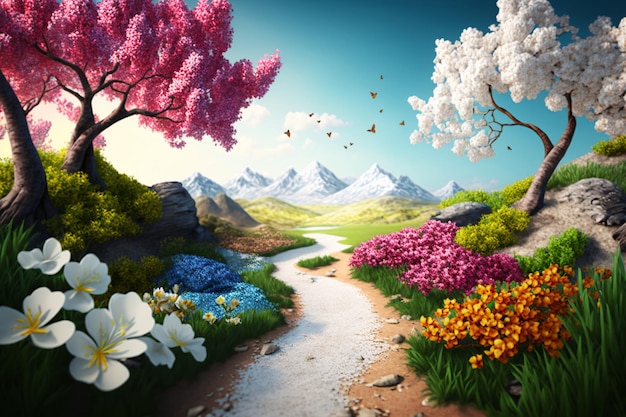 A path through the mountains with flowers in the middle