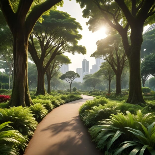 a path through a park with plants and trees in the background