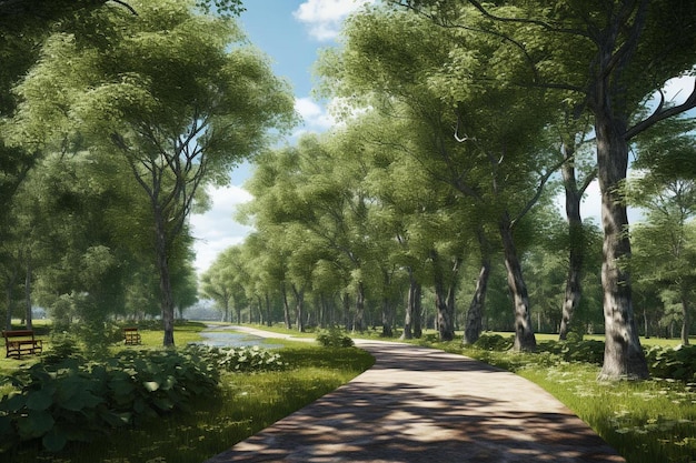 a path through a park with trees and plants.