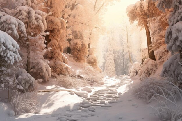 A path through a snowy forest with lots of trees