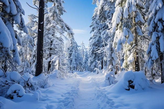 Photo a path through a snowy forest with snow covered trees and a blue sky