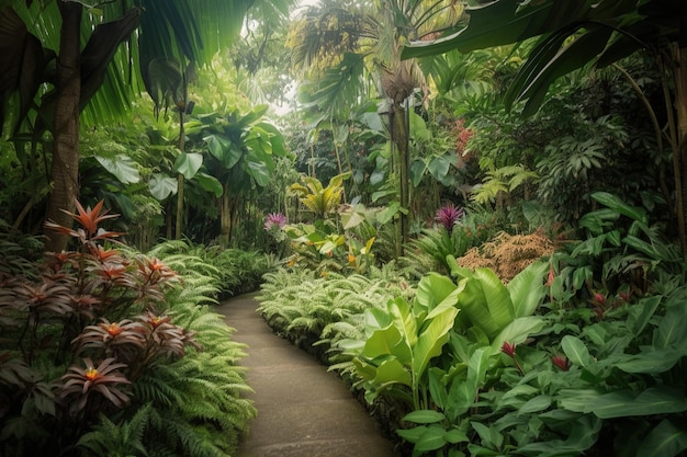 A path through a tropical garden with lush plants and a green leafy garden.