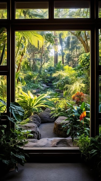 a path through a tropical garden with a stone path leading to it