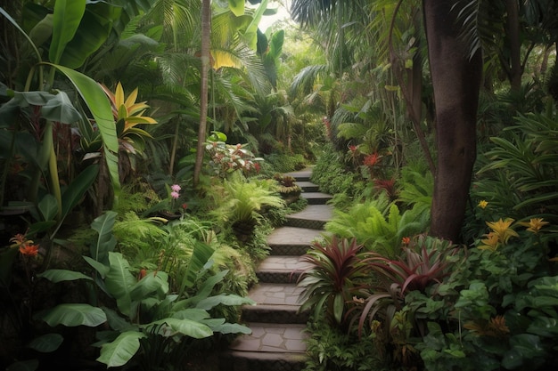 A path through a tropical garden with tropical plants and trees.