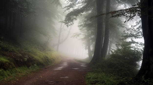 Foto un percorso attraverso i boschi con nebbia e gocce di pioggia