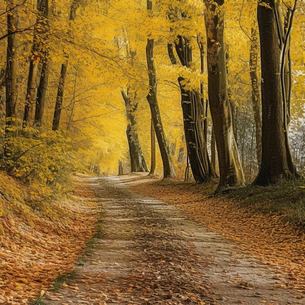 A path through the woods with leaves on it