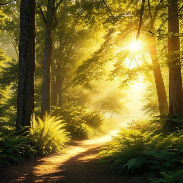 햇빛이 나무 사이로 비치는 숲길.