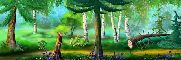 Path between trees in the forest on a sunny day digital\
painting background illustration