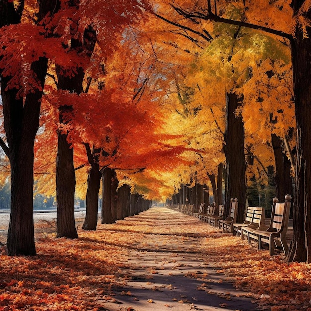 "가을"이라는 표지판이 있는 나무들 사이로 가는 길.