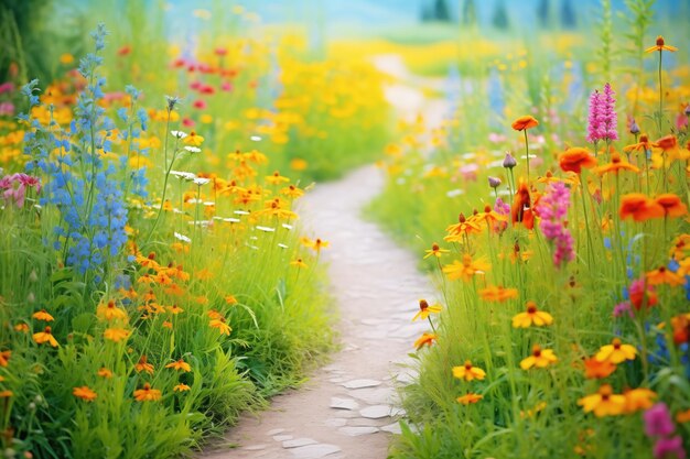 Photo path winding through lush meadow of multicolored flowers