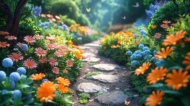 a path with flowers and butterflies in the background