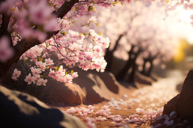 A path with flowers on it and a tree with the sun shining on it