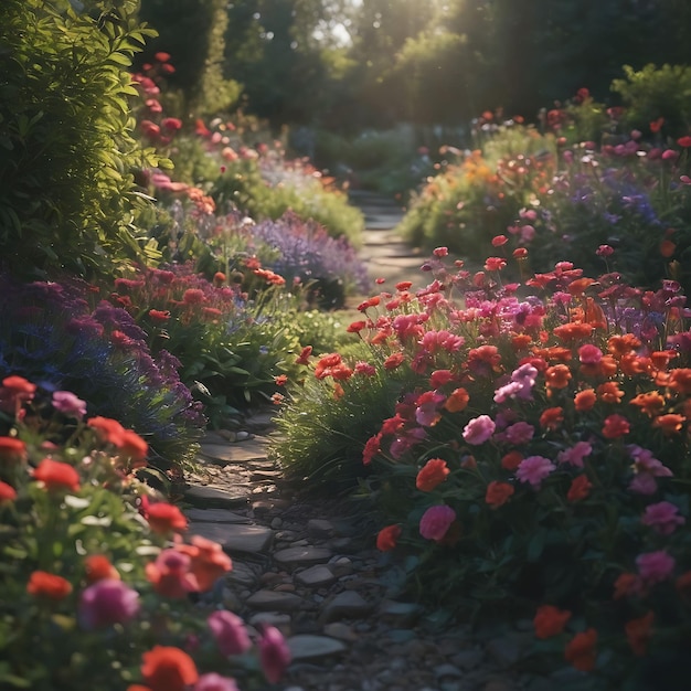 a path with flowers and a path in the background