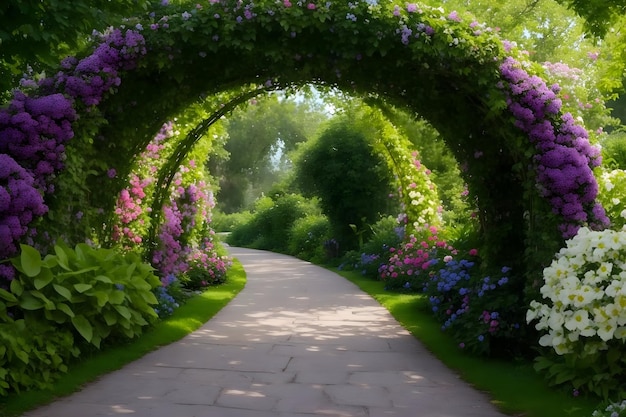 A path with flowers and plants on it generated by Ai