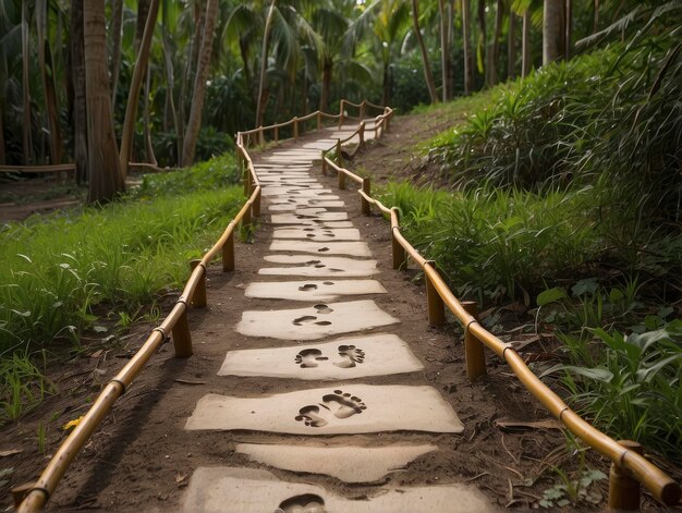 Photo a path with footprints on the sand leading to a forest with palm trees