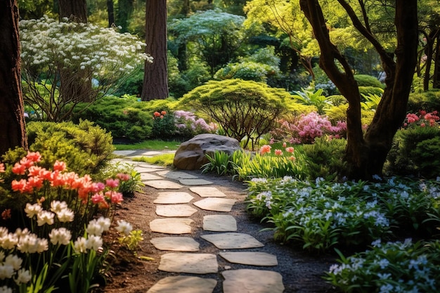 Photo path with greenery and blossoms