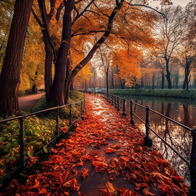 A path with leaves on it and a railing on the right side