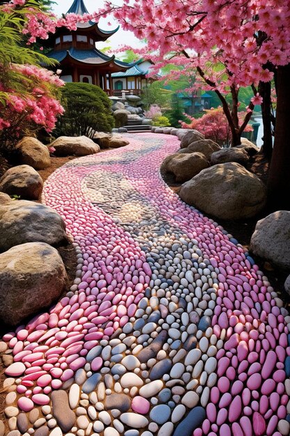 Photo a path with many rocks and a pink flower