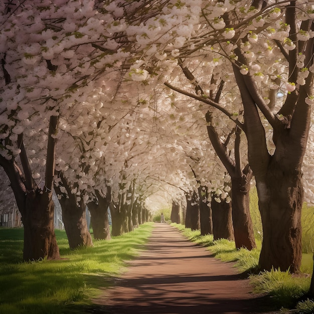 A path with a path that has cherry blossoms on it