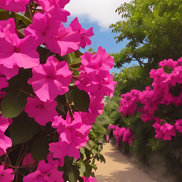 a path with pink flowers and green leaves on it