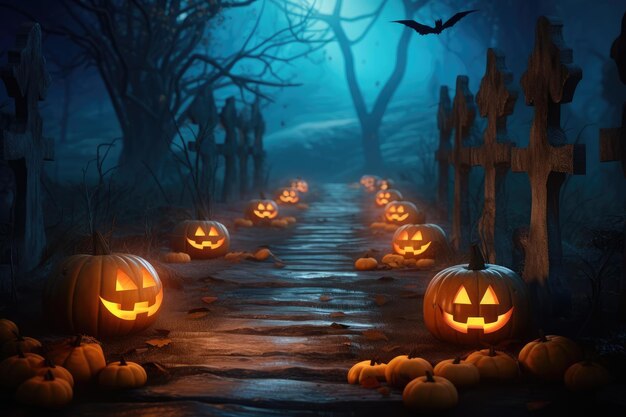 A path with pumpkins on it and a bat in the background