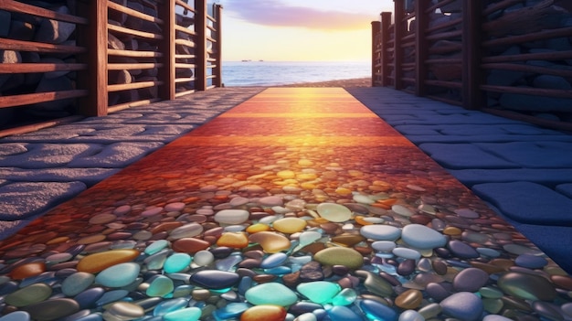 A path with stones on it and the sun is shining on the horizon.