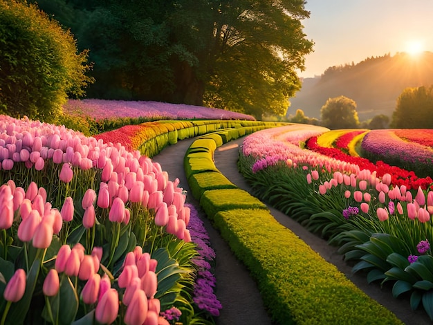 Photo a path with tulips in a field with a sunset in the background