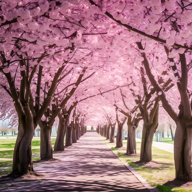 A path with a tunnel of cherry blossoms on it