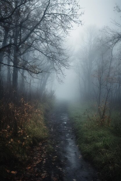 A path in the woods with a foggy background