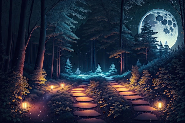 a path in the woods with a full moon in the background at night time with trees and bushes