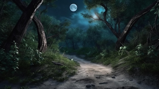 A path in the woods with a full moon in the background at night time with trees Generative ai