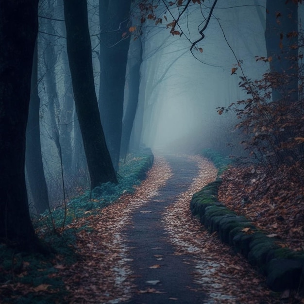 A path in the woods with leaves on it