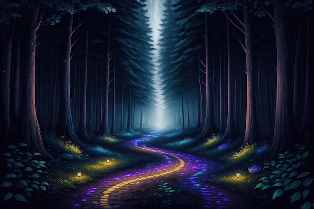 A path in the woods with a light on it