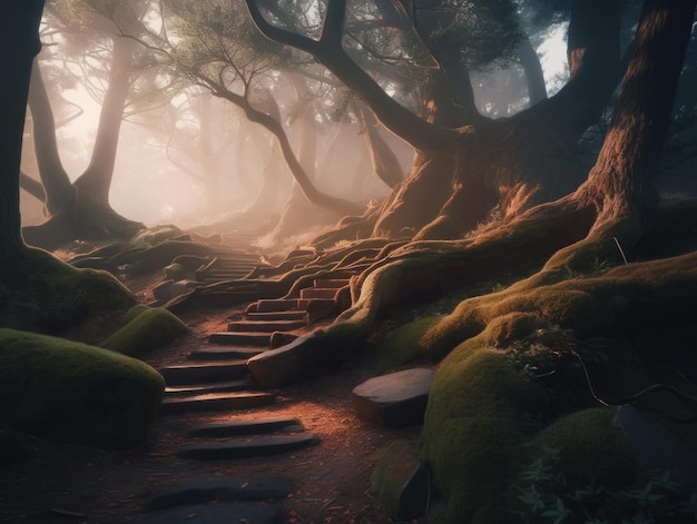 A path in the woods with moss on the ground generative ai image