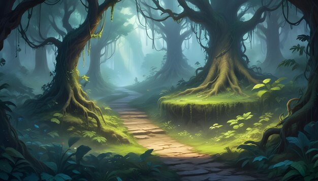 Foto un sentiero nel bosco con un sentiero che porta alla foresta