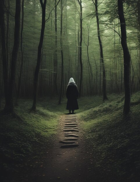 Photo a path in the woods with a person in a hood on it