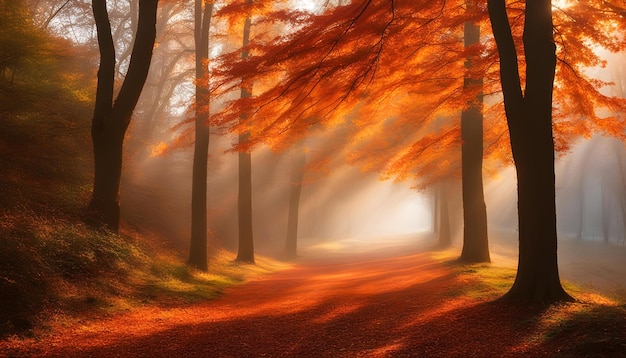 Photo a path in the woods with a red autumnal background