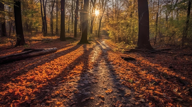 A path in the woods with the sun shining on the leaves