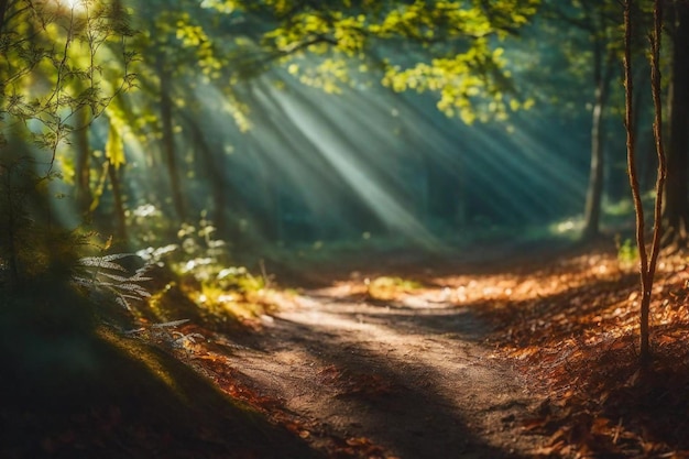 a path in the woods with the sun shining through the trees