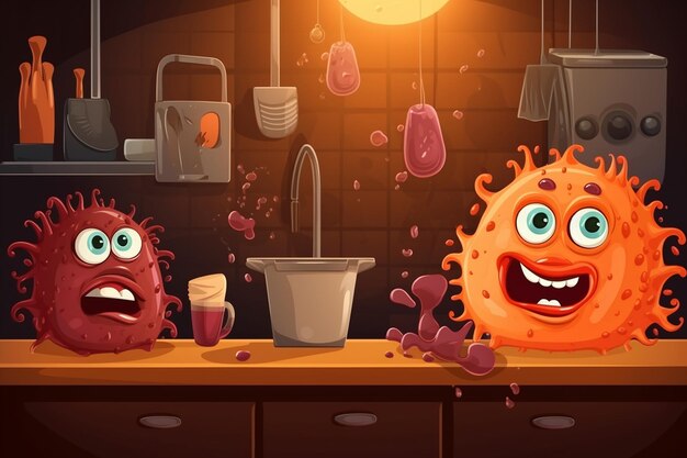 Foto pathogene microben in de keuken cartoon generatieve ai