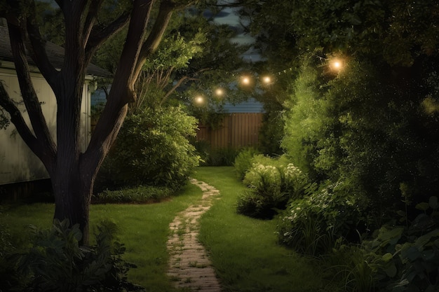 Paths trees backyard lights Generate Ai