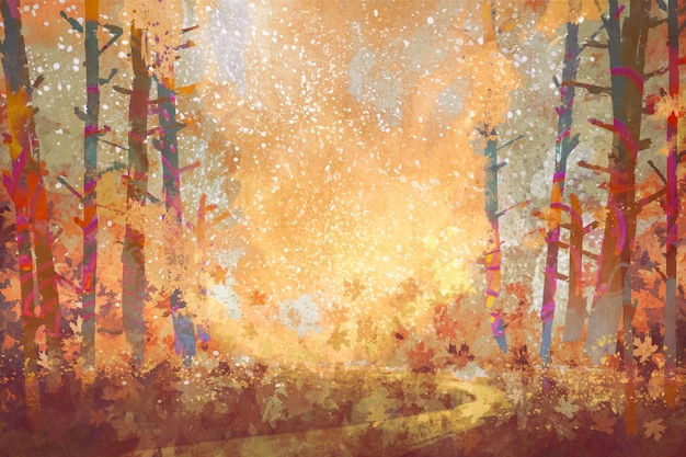тропинка в осеннем лесу, пейзажная живопись, иллюстрация